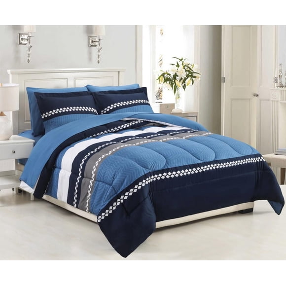 Marina Decoration Ultra Soft Luxury Fluffy Goose Down Alternative Bed in a Bag Bedding Printed Comforter Set Includes Sheet Set, Navy Blue Geometric Stripes Pattern