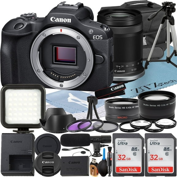 Canon EOS R100 Mirrorless Camera with RF-S 18-150mm Lens   2 Pack SanDisk 32GB Memory Card   Case   Telephoto and Wide Angle Lens  ZeeTech Accessory