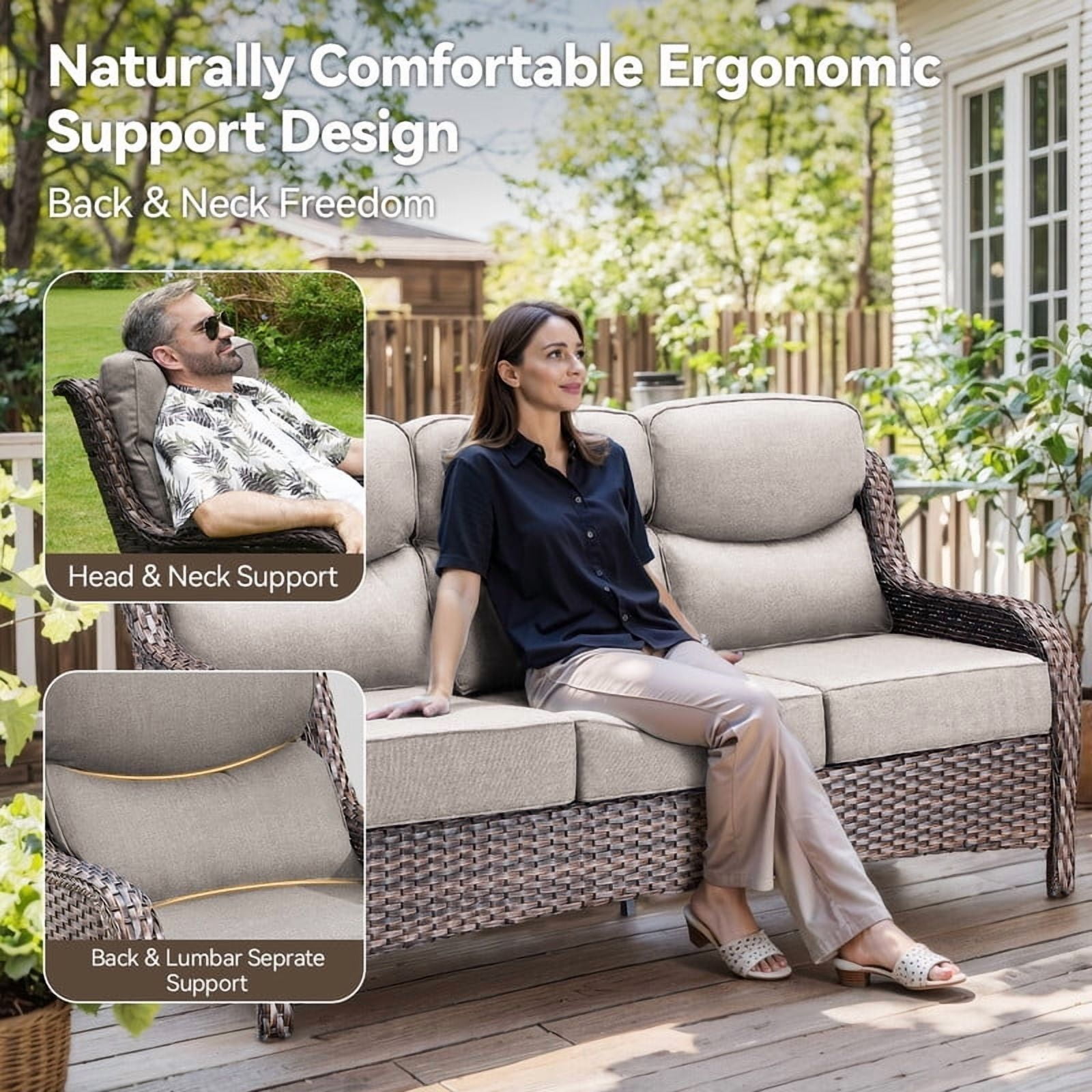 PARKWELL 8 Piece Outdoor Patio Furniture Set,All-Weather High Back Conversation Set with Luxury 6-Inch Thick Cushions,Swivel Glider Chair,9-Seat Furniture Sets for Garden, Deck, Backyard,Brown/Beige