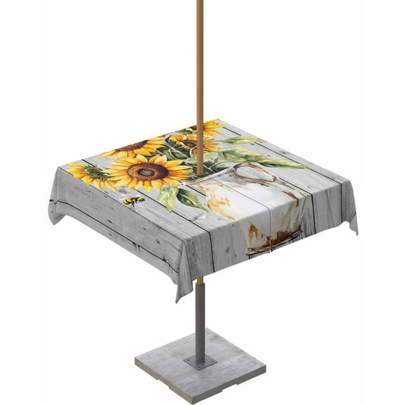 Hokiten Outdoor Tablecloths with Umbrella Hole & Zipper, Yellow Sunflower 60x60 Inch Square Tablecloths, Country Floral Grey Barn Wood Grain Waterproof Table Cloth, Patio/Pool/Picnic Table Covers