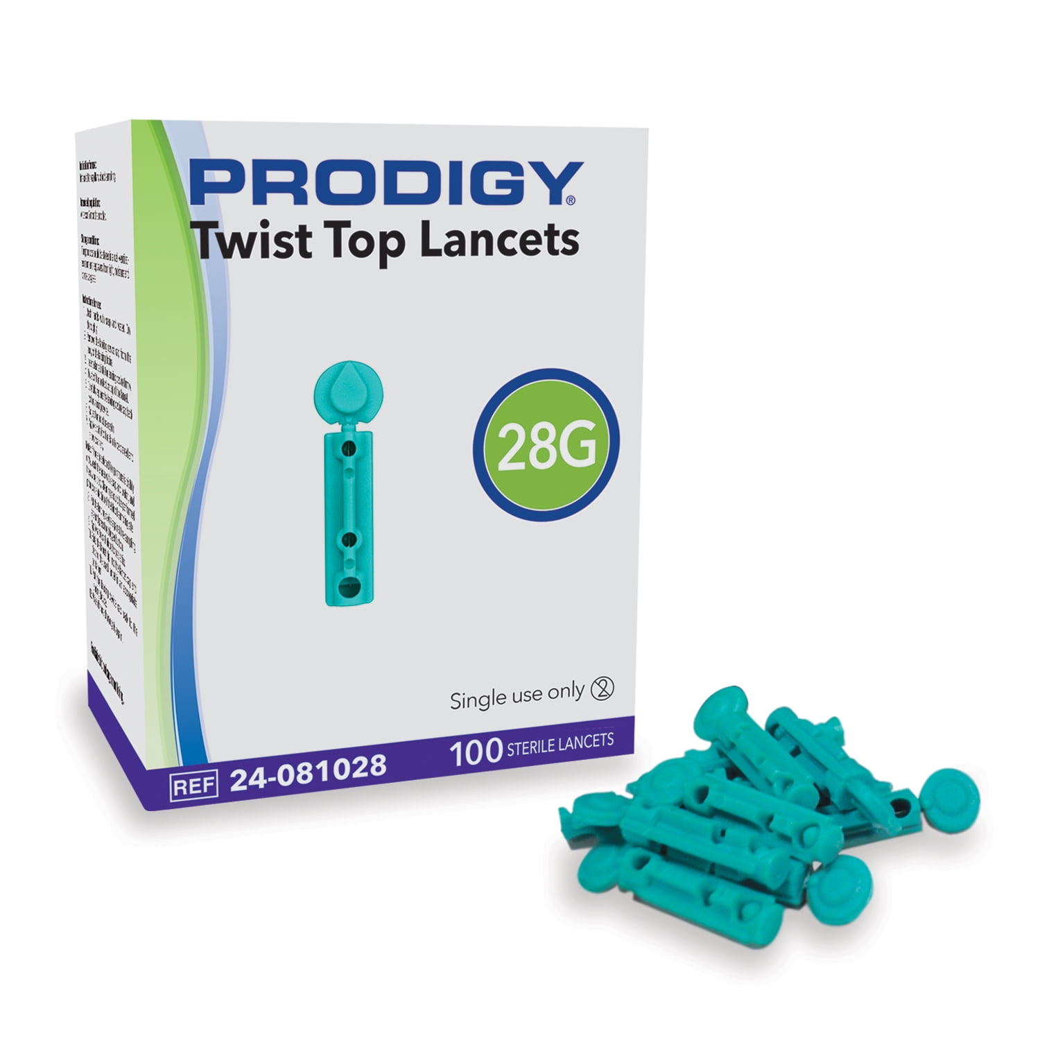 PRODIGY Sterile Lancets for Diabetes Blood Glucose Testing, 100 Count, Twist top, 28 Gauge Lancets, Single-Use Disposable Needle for Glucose Monitoring, Compatible with Most Lancing Devices