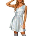 thumbnail image 2 of INSPIRE CHIC  Women's Party Dress Metallic Sleeveless One Shoulder Holographic Mini Dresses XS Silver, 2 of 6
