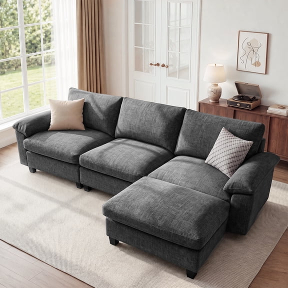 DoMaDing 109" Cloud Sectional L Shaped Sofa with Ottoman, Chenille Modular Couch for Living Room, Dark Gray
