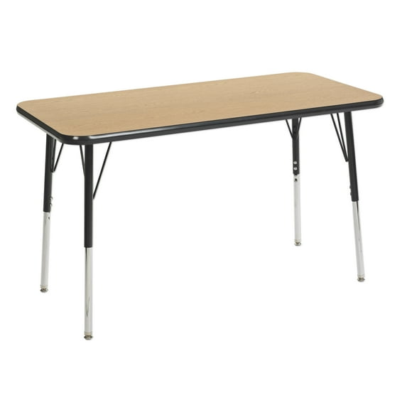 24in x 48in Rectangle Everyday T-Mold Adjustable Activity Table Oak/Black - Standard Swivel with Four 18in Stack Chairs Navy - Swivel Glide