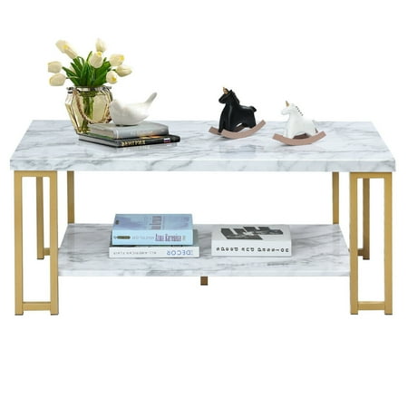Gymax Modern Coffee Table Faux Mable Top Accent Cocktail Table W