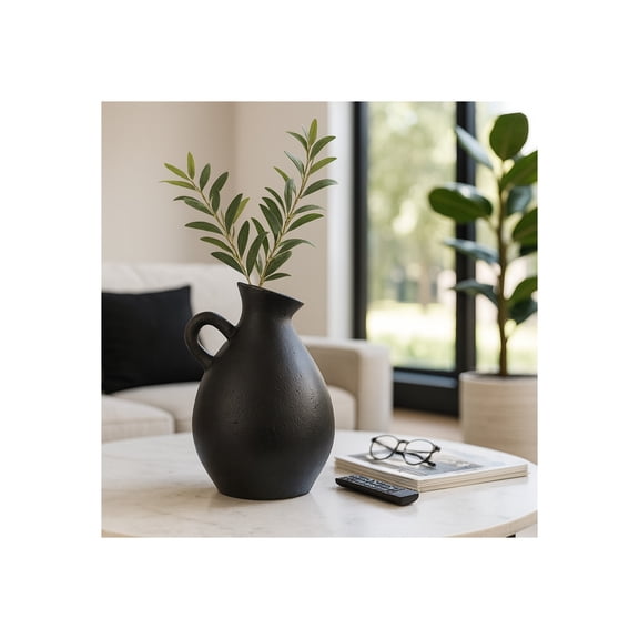Terracotta Jug with Handle Vase for Living Room Decor - Decorative Home Accents for Bedroom, Office, and Table Centerpiece - Modern Flower Vase for Kitchen Counter and House Styling - 18", Black