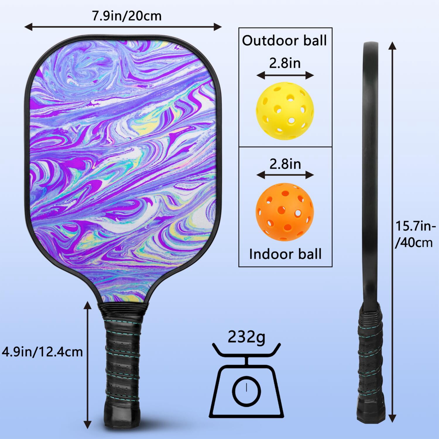 Pickleball Paddles Set Of 1, Fiberglass Surface, Liquid & Marble Print, 1 Paddles, 2 Balls & Bag