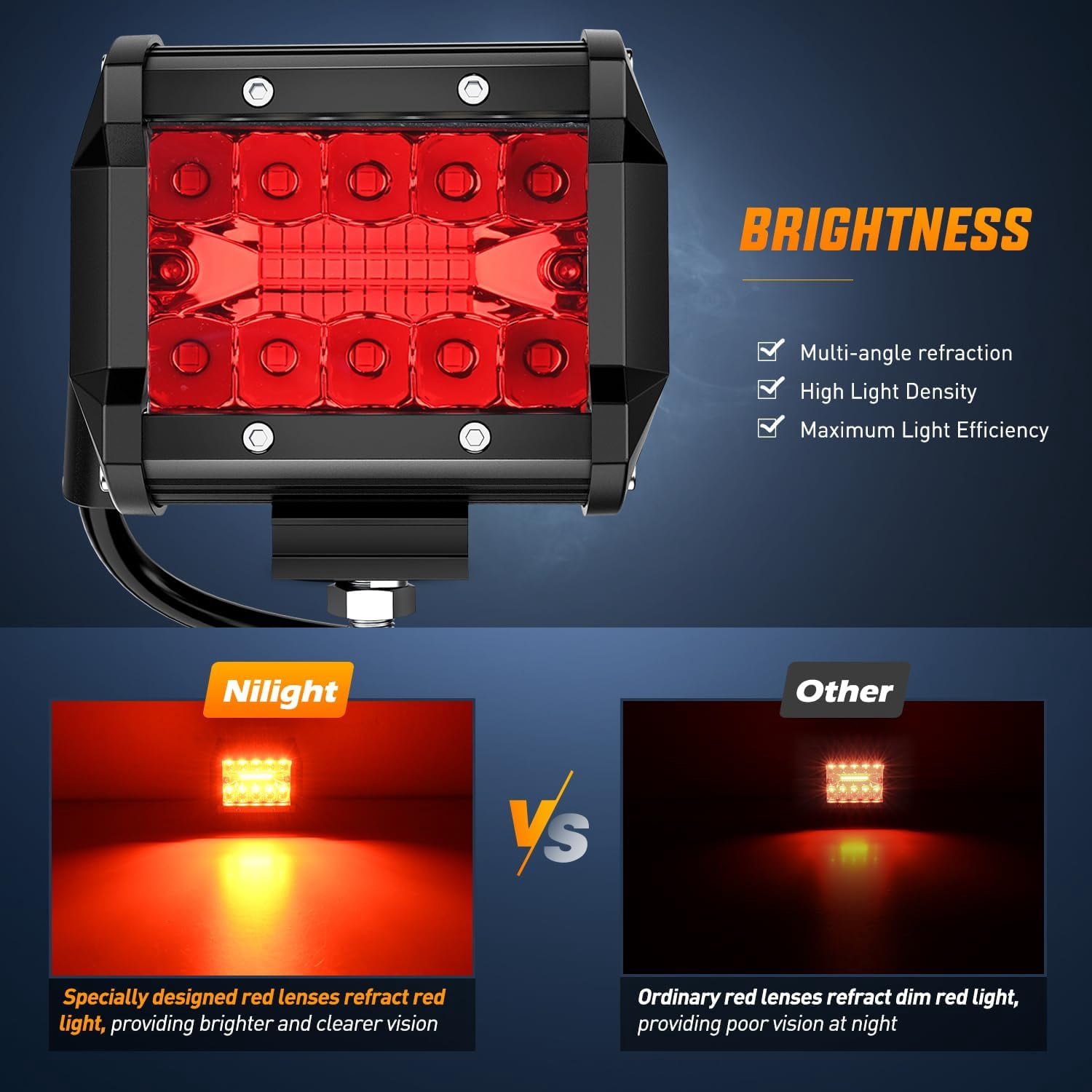 Nilight 4" LED Light Pod Red Triple Row 2PCS 60W Flood Spot Combo Driving Fog Lights Fishing Hunting Emergency Safety Signal Deck Trailer Lights for UTV Pick-up Van Boat Tractor