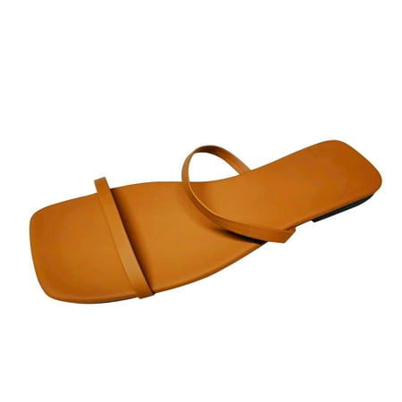 OJSFQUFP Womens Summer Slippers Ladies Fashion Summer Solid Color Leather Square Head Open Toe Beach Slippers Soft Sole Outdoor Beach Shoes Fun Slippers Brown 42