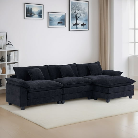 Gexpusm Convertible Sectional Sofa with Chaise, 112.59" Large Couch with Ottoman,3-Seat Sofa Sectional Couch Sets for Living Room, Apartment,Black
