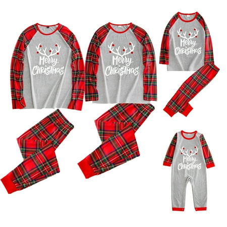 

wsevypo Christmas Pajamas Outfits Long Sleeve Plaid Letter Print Tops + Pants Pjs Sleepwear Sets