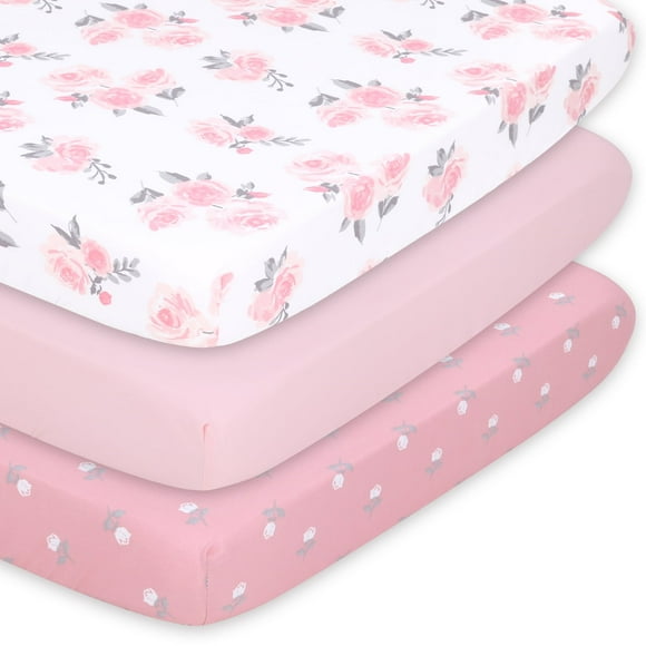 The Peanutshell Pack n Play, Mini Crib, Portable Crib or Fitted Playard Sheets for Baby Girl, Pink Roses and Ditsy Floral, 3 Pack Set