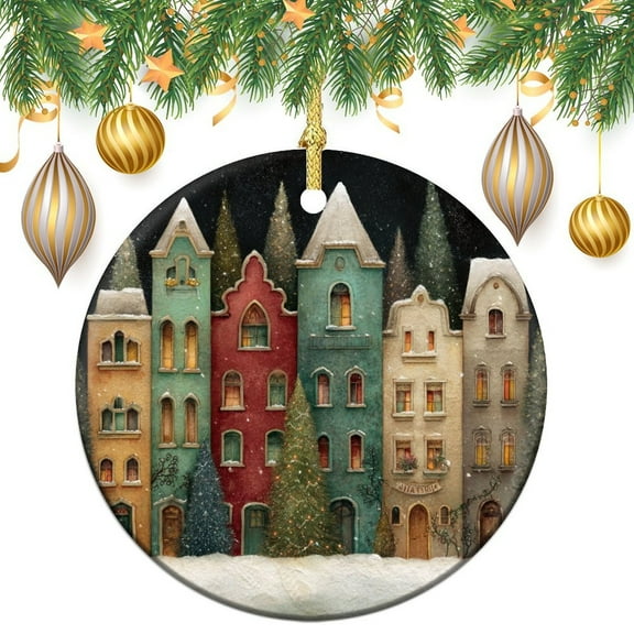 Christmas Ornament Christmas Village Double-Sided Ceramics Ornaments Christmas Village Houses Keepsake Funny Christmas Hanging Tree Decor Ornament Funny Gifts for Women/Men