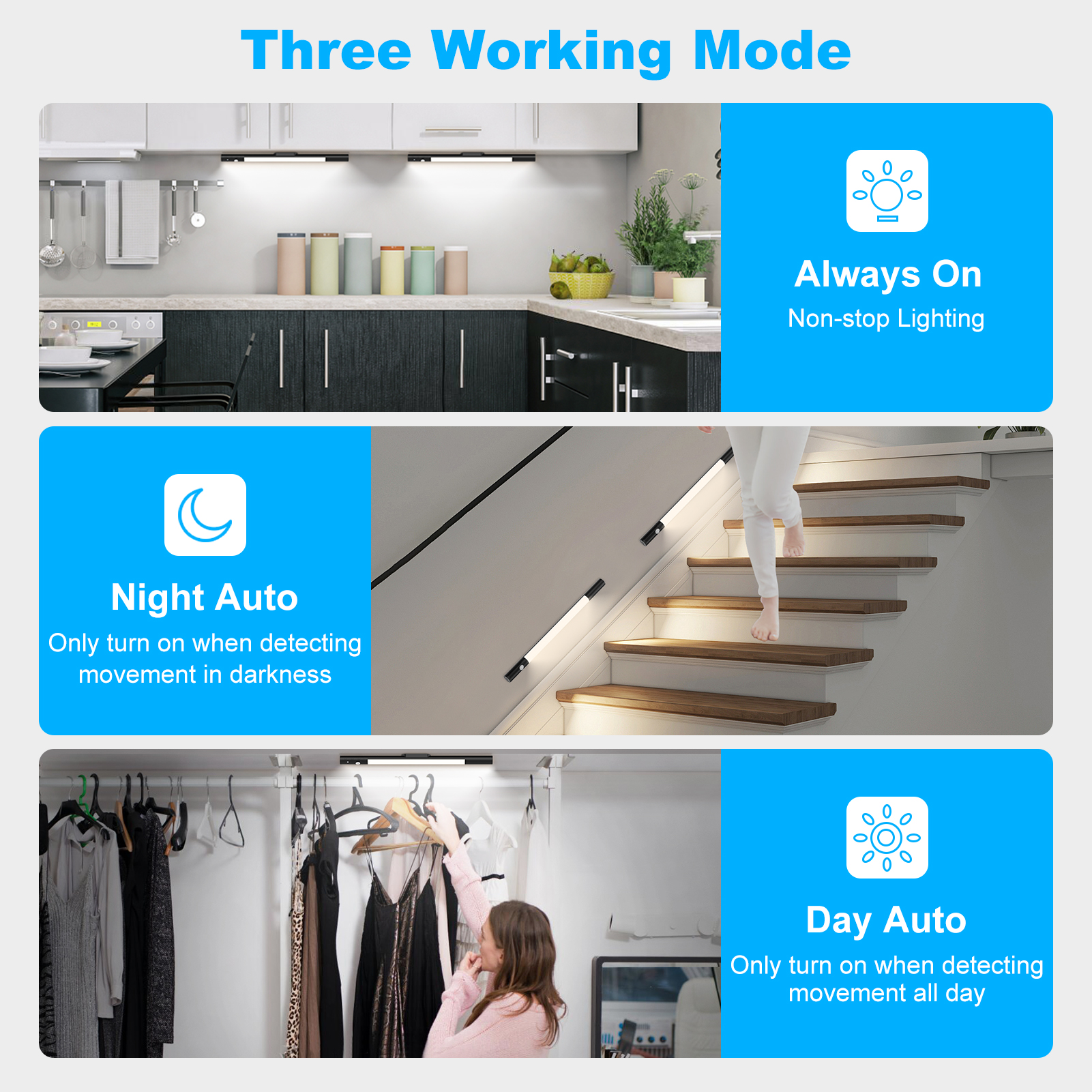Motion Sensor Light with Remote Control, Digital Display, 3 Color Modes, Adjustable Brightness, 2000mAh Rechargeable Battery, PIR LED Cabinet Light for Indoor Use – Black