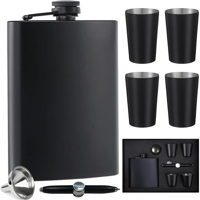 Licorera de Bolsillo, Regalos para Hombre Cumpleaños, 6 OzJuego de Regalo de Anforas para Licor, Flask color Negro con 4 Tazas, Embudos y BolíGrafo Giratorio, Regalos de Aniversario para Hombre.