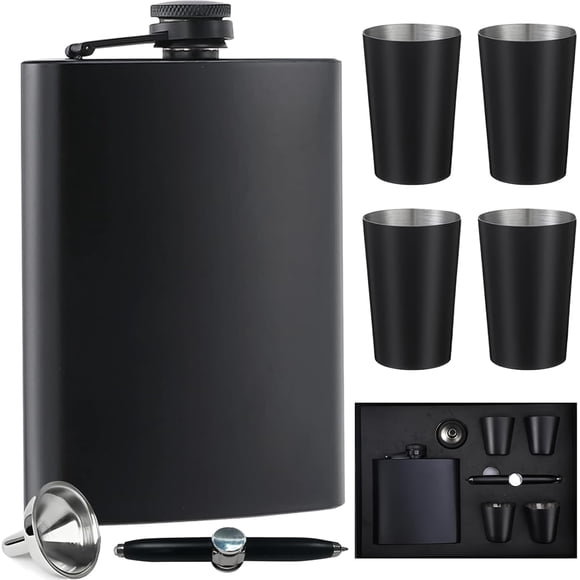 Licorera de Bolsillo, Regalos para Hombre Cumpleaños, 6 OzJuego de Regalo de Anforas para Licor, Flask color Negro con 4 Tazas, Embudos y BolíGrafo Giratorio, Regalos de Aniversario para Hombre.