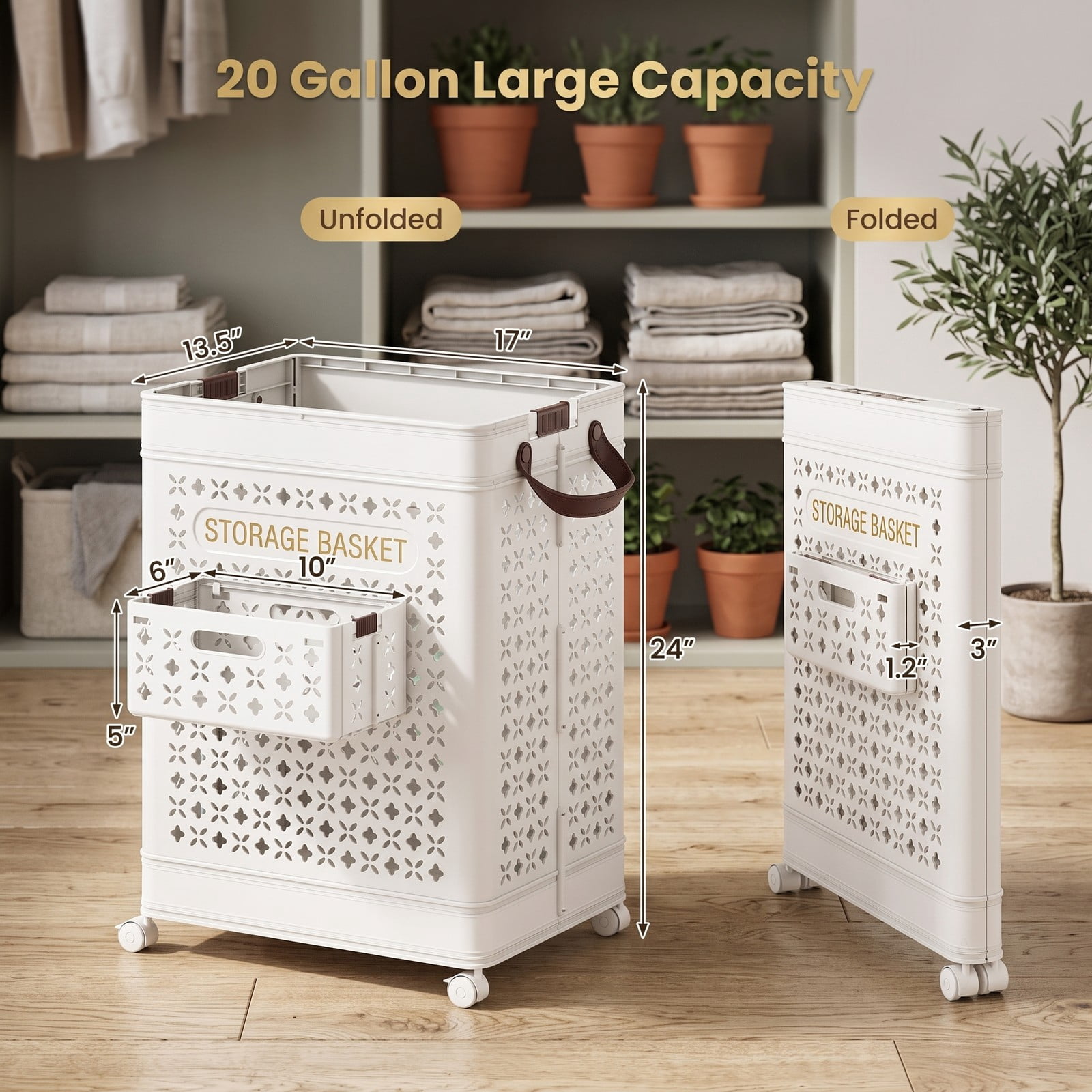 Fenbeli Collapsible Laundry Basket 20 Gallon, Plastic Foldable Laundry Hamper with Wheels, Handles and Hanging Basket, Waterproof PP Clothes Storage Bin Sorter, White