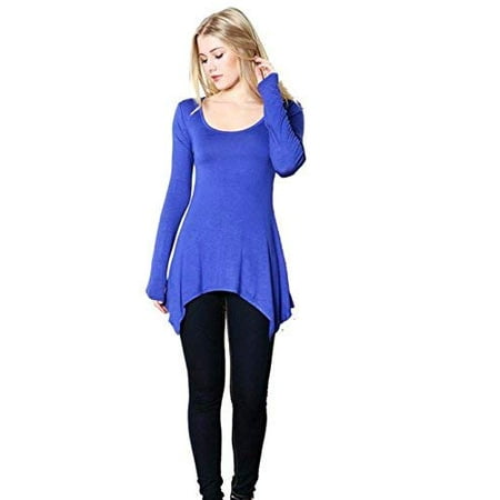 Royal Blue Fashion Color Fashion Secrets Women`s Shark Bite Hem, Scoop Round Neck Long Sleeve Top T Shirt (Royal Blue, Large) ()