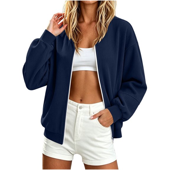 cocolona Womens Zip Up Jacket Casual Long Sleeve Crew Neck Coat Trendy Lightweight Corduroy Outerwear Coat