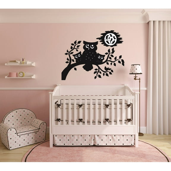 Custom Wall Decal Sticker : Owl Family At Night Tree Branch Mom Dad Baby Kids Boy Girl Bedroom 20x30"
