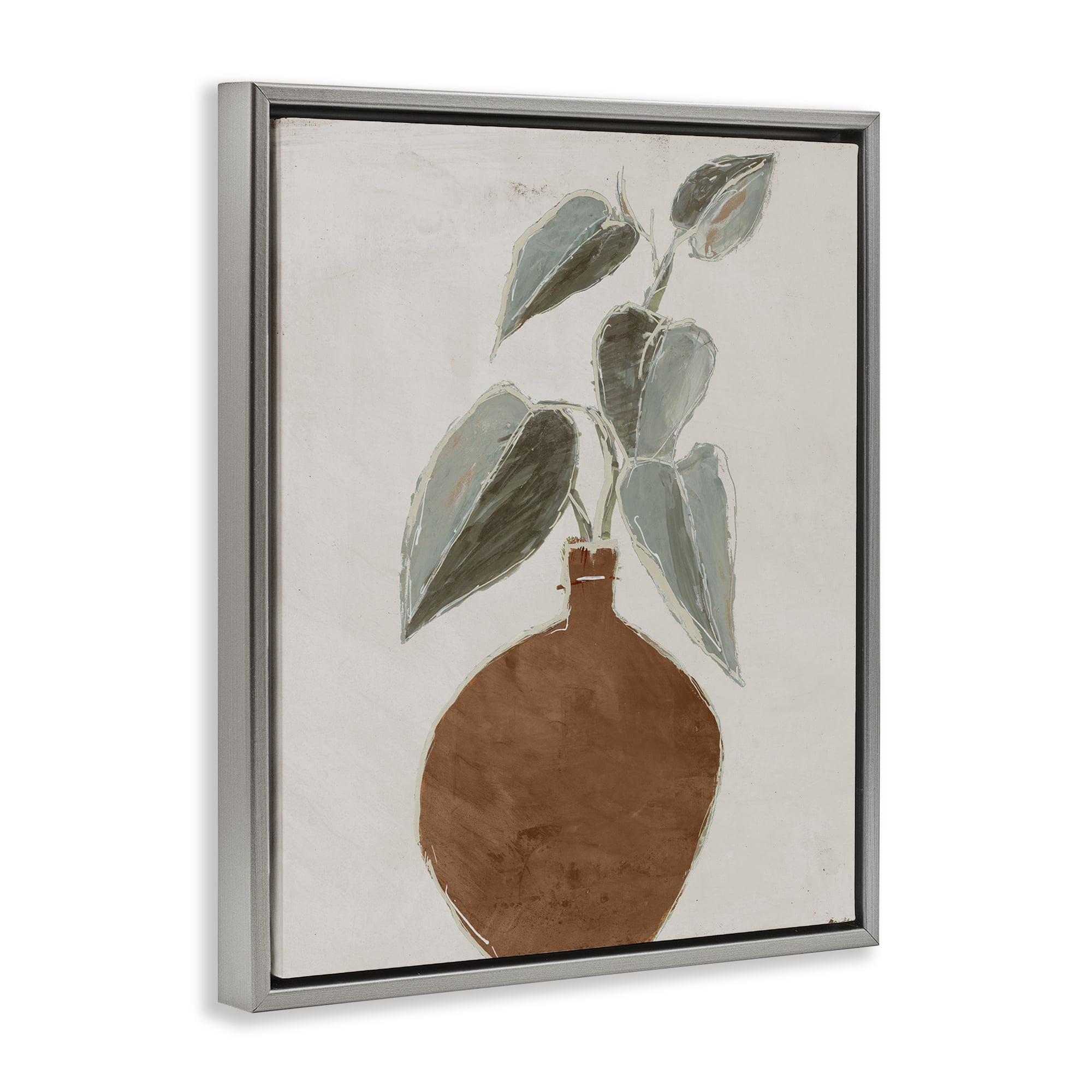 Stupell Industries Natural Tan Greenery Plants & Flowers Painting Gray Floater Framed Canvas Art Print Wall Art, 17 x 21