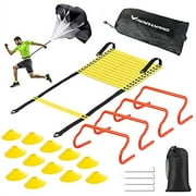 RENRANRING Agility Ladder Speed Training Equipment Set - Includes 20ft Agility Ladder, Resistance Parachute, 4 Agility Hurdles, 12 Disc Cones for Training Football Soccer Basketball Athletes