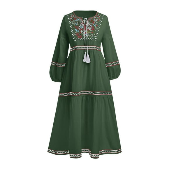 Vestido bohemio de manga larga para mujer, de viaje, de lino y algodón con bordados intensos, corte en a , Verde