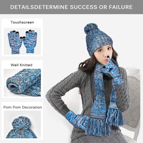 Dyfzdhu Fashion 3Pc Keep Warm Autumn Winter Knitted Woolen Hat Thickened Scarf Gloves Blue