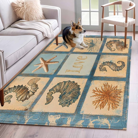 Vintage Starfish Coastal Area Rug 4x6 Washable Rug Non Slip Retro Nautical Shell Seahorse Large Area Rug Indoor Floor Carpet for Entryway Bedroom Kitchen Living Room Home Office Dining Room Nursery