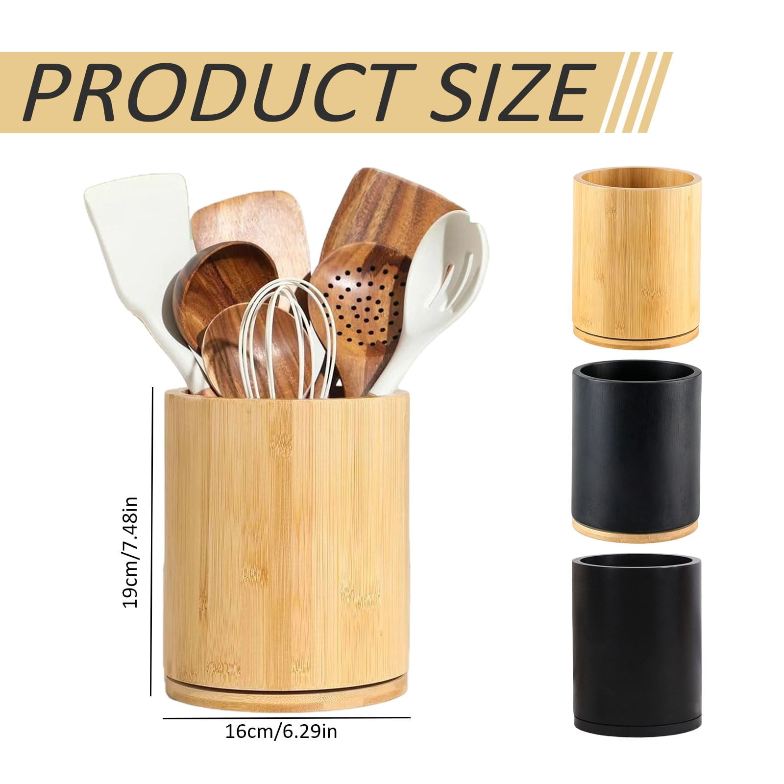Wooden Utensil Holder, 360°Rotating Large Kitchen Utensil Holder for Spoons Kitchen Utensil Organizer,Utensil Crock, Farmhouse Kitchens Countertop Decor,7.48''x6.29"(C)