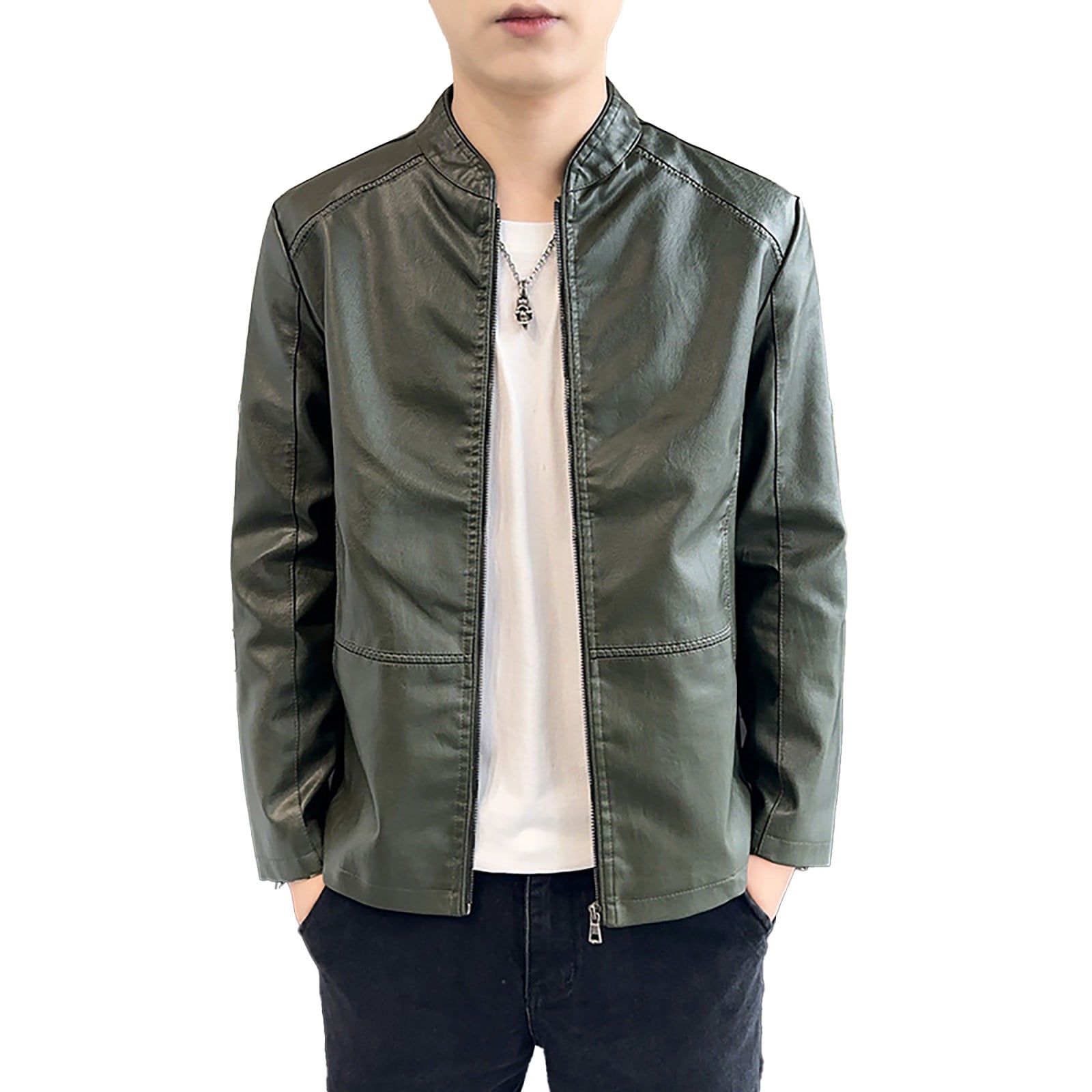 Maoxin Men's Jacket Men's Stand Up Collar Business Casual Leather Jacket Zipper Cardigan Jacket Plus Size Jackets for Men Army Green 4XL