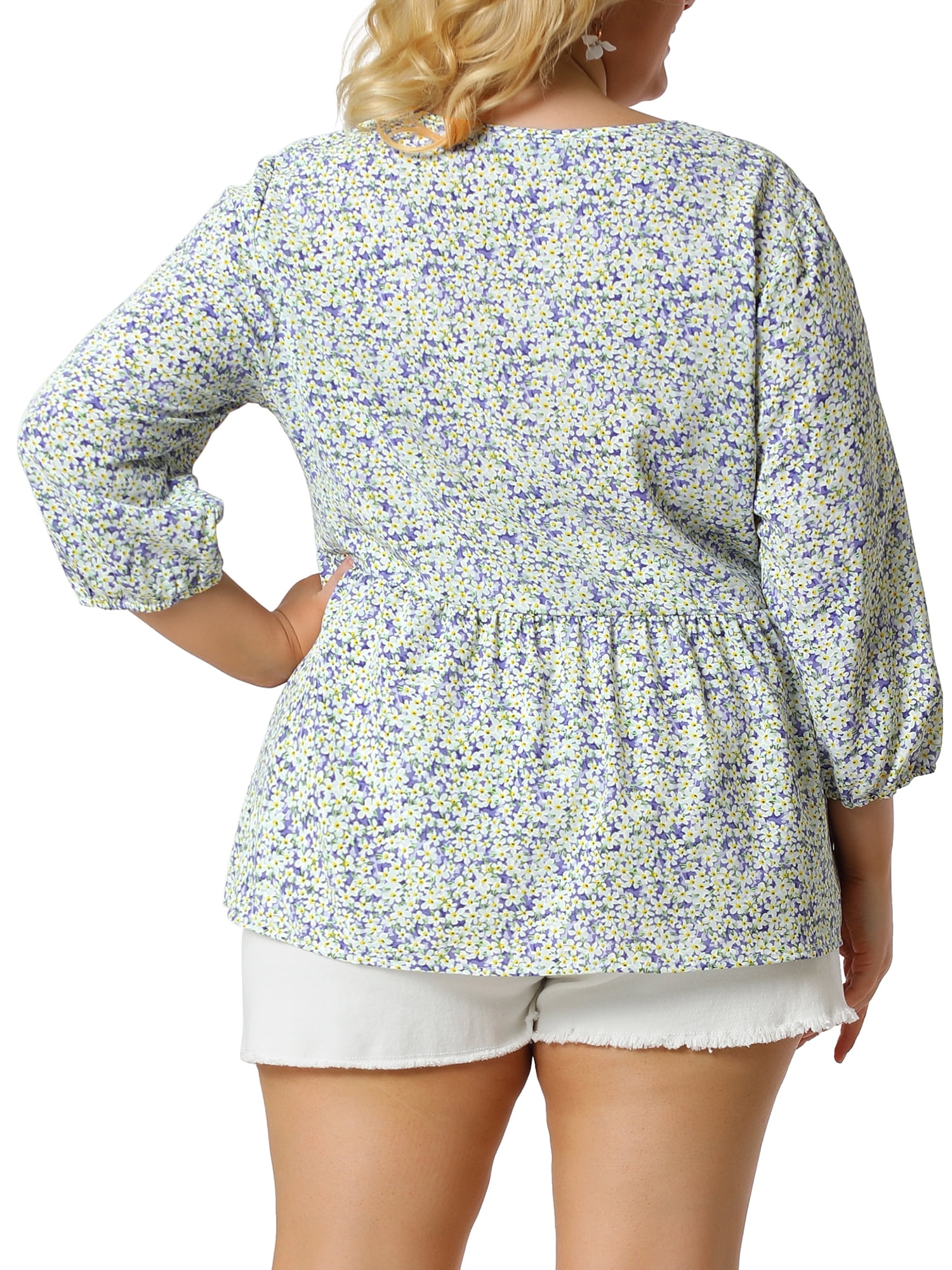 Unique Bargains Juniors' Plus Size Tops Floral Ruffle Flowy Peplum Top Lavender 4X