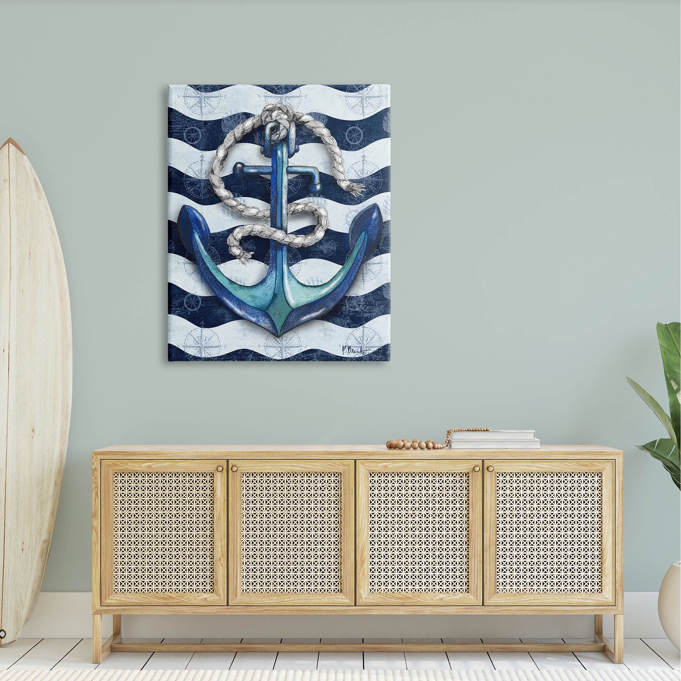 Stupell Industries Nautical Anchor Wavy Navy Stripes Graphic Art Gallery Wrapped Canvas Print Wall Art, Design by Paul Brent