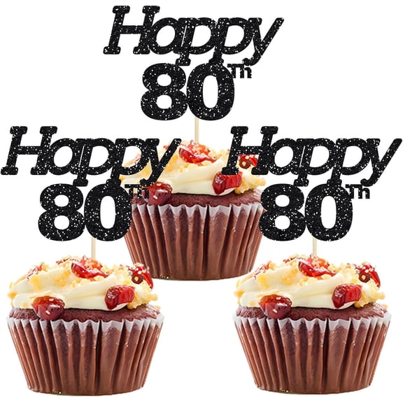 12pcs Happy 80th Cupcake Toppers Black Glitter Cheers to 80 Years Old Cake Picks for 80th Birthday Anniversary Party Decorations Supplies