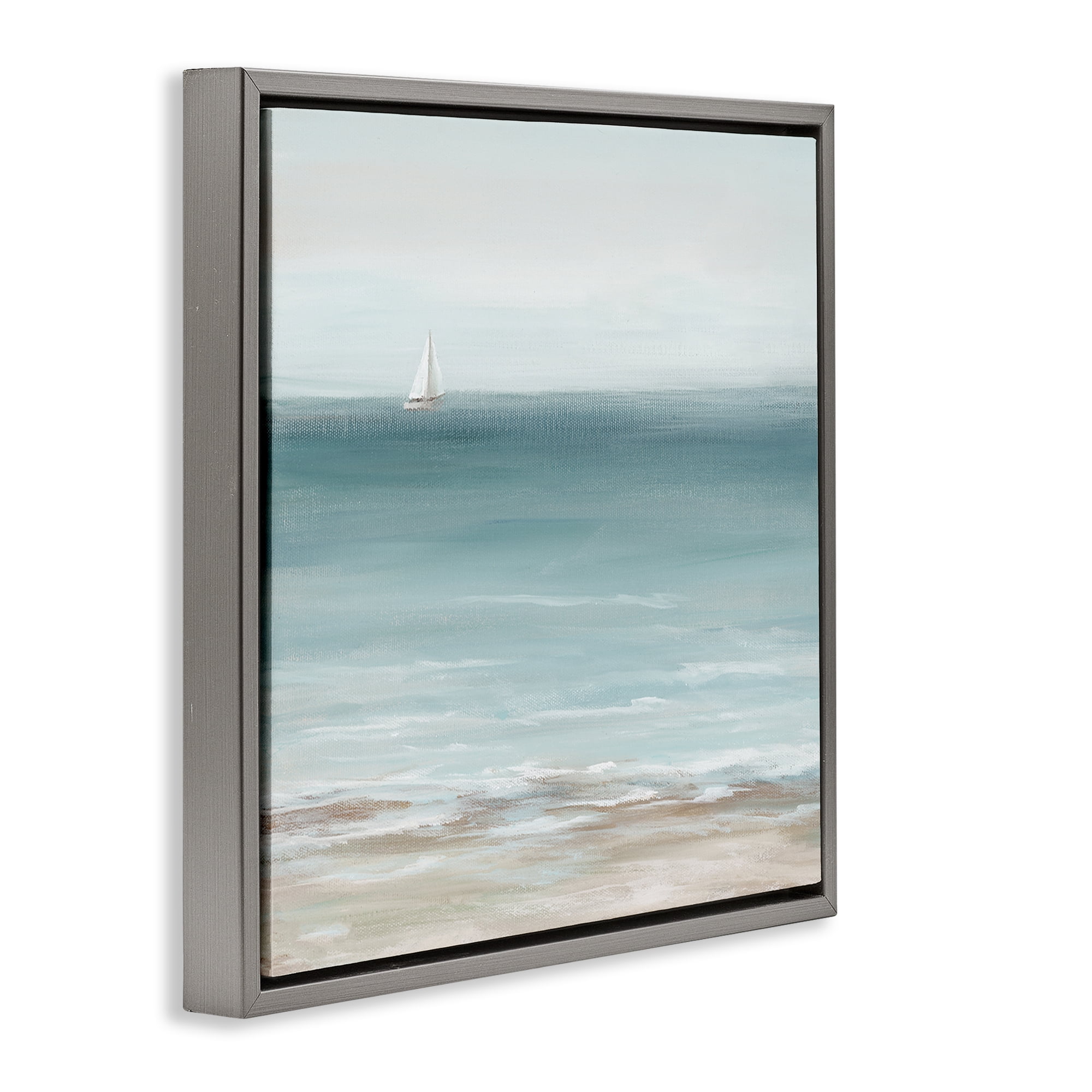 Stupell Industries Faraway Boat on Ocean Nautical & Beach Painting Gray Floater Framed Canvas Art Print Wall Art, 18 x 18