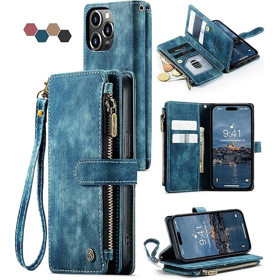 iPhone 14 Pro 5G Wallet Case with Card Holder Kickstand Magnetic Zipper Pocket Lanyard Strap Wristlet, Leather Flip Case Wallet for iPhone 14 Pro 5G 6.1 Inch