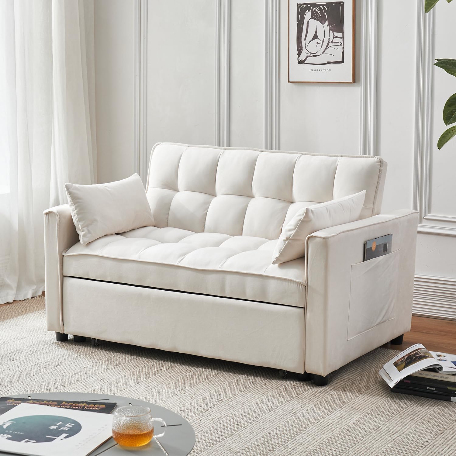 DEALTOPS Convertible Loveseat 55" 3-in-1 Multi-Functional Pull-Out Bed, White Velvet