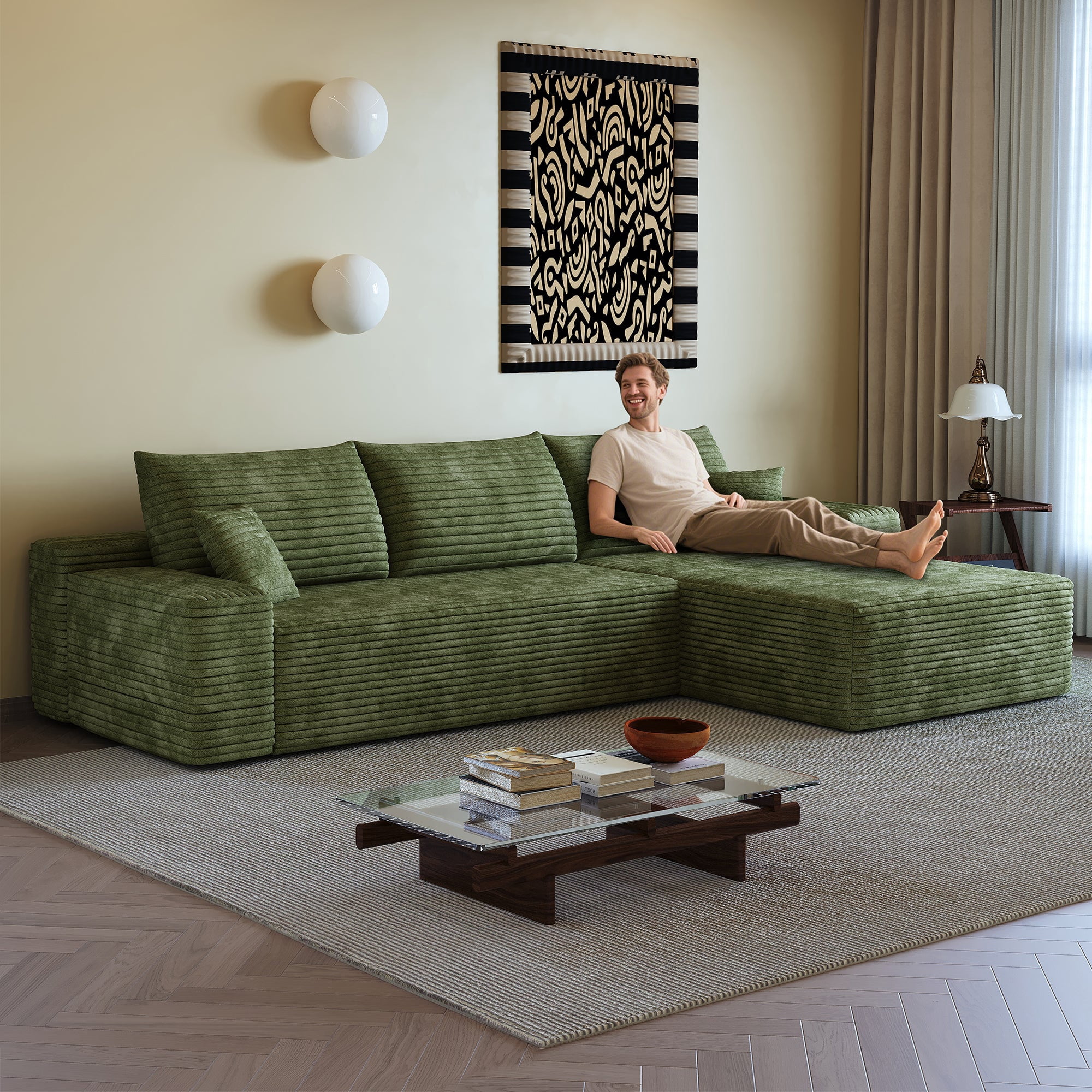 Sailvan 107" Cloud Sectional Couch, Cloudy Sofa with L-Shape Chaise, Upholstered Couches for Living Room & Bedroom, No Assembly Required, Plush Corduroy Fabric, Green
