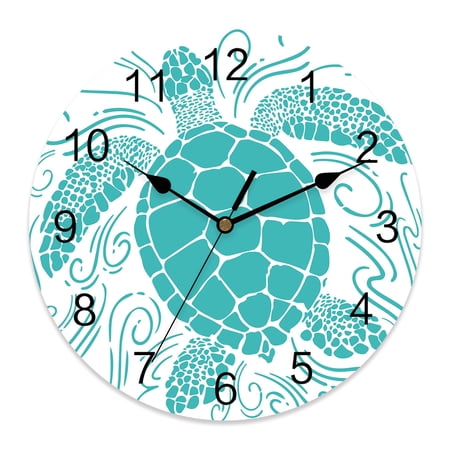 Wall Clock Teal Green Sea Turtle Clocks PVC Silent Non-Ticking Battery Operated Decorative Coastal Marine Life Waves Round Clock for Home Living Room Kitchen Bedroom Office School Wall Decor 10 Inch