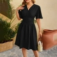 thumbnail image 2 of Diufon Dresses for Women Summer V Neck Short Sleeve Dress Solid Color Waisted Midi Dress, 2 of 4