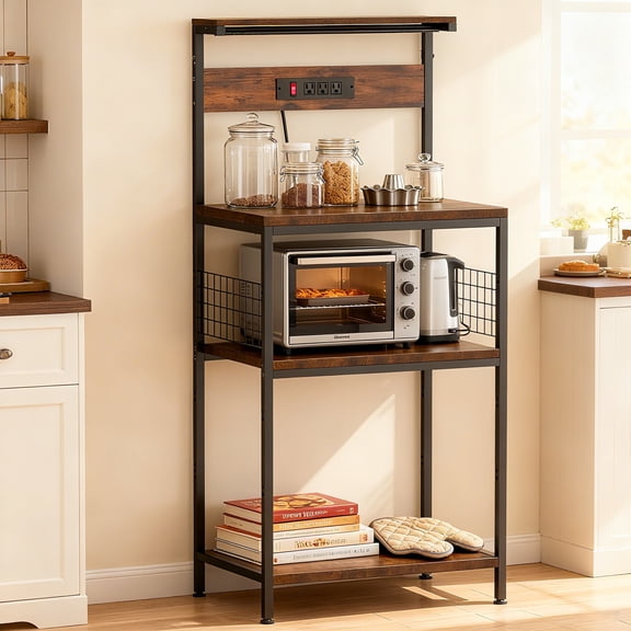 edx 23" Bakers Rack with 3 Power Outlets, 10 Hooks, Kitchen Microwave Stand, 4-Tier Space-Saving Kitchen Storage Shelf, Rustic Brown