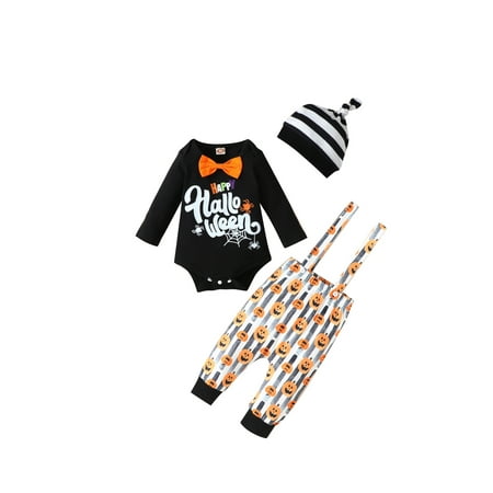 

Sunisery Baby Boy 3Pcs Halloween Outfits Long Sleeve Bowtie Romper Bib Pants Hat Set Black 12-18 Months