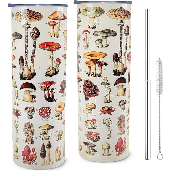 Mushroom Tumbler 20 oz Stainless Steel Insulated Tumbler with Lid and Straw – Iced Coffee Tumbler with Cute Mushroom Pattern – Perfect Christmas Birthday Gift for Women