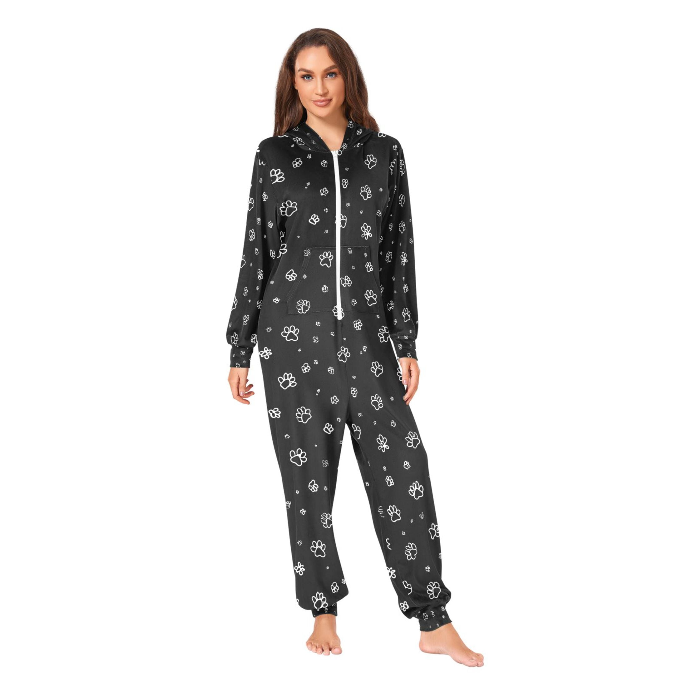 Adult Christmas Onesie Cute Cat Paws Adult Zipper One-Piece Pajamas Unisex Pajamas with Pockets