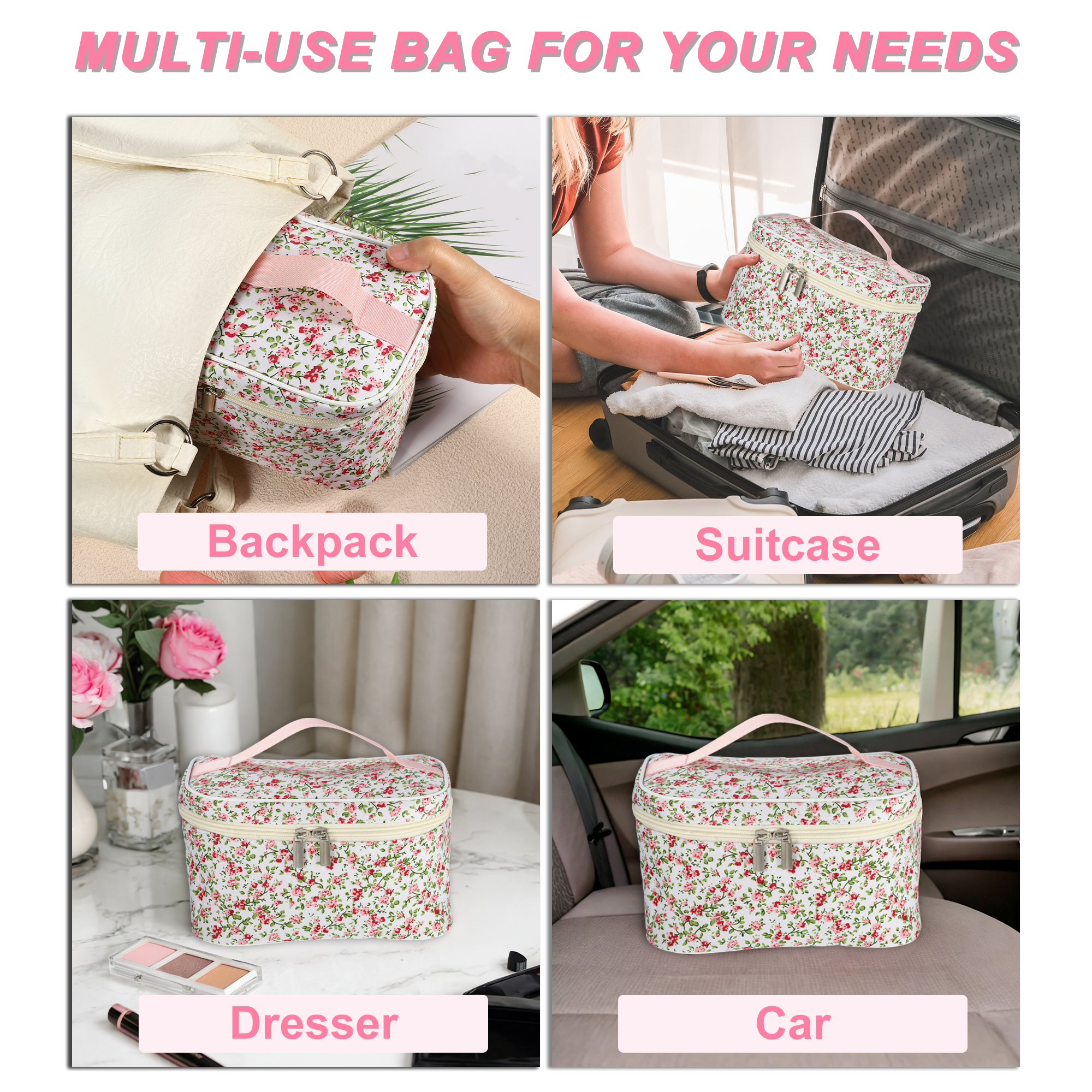 Unique Bargains 1Pc Beautiful Floral Storage Cosmetic Bag for Women's Toiletry Light Pink