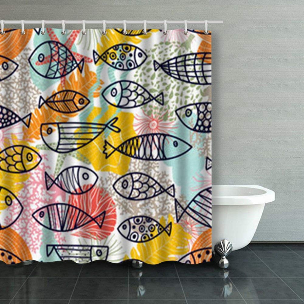 BPBOP Cute Fish Kids Seamless Pattern Retro Coral Reef Shower Curtains