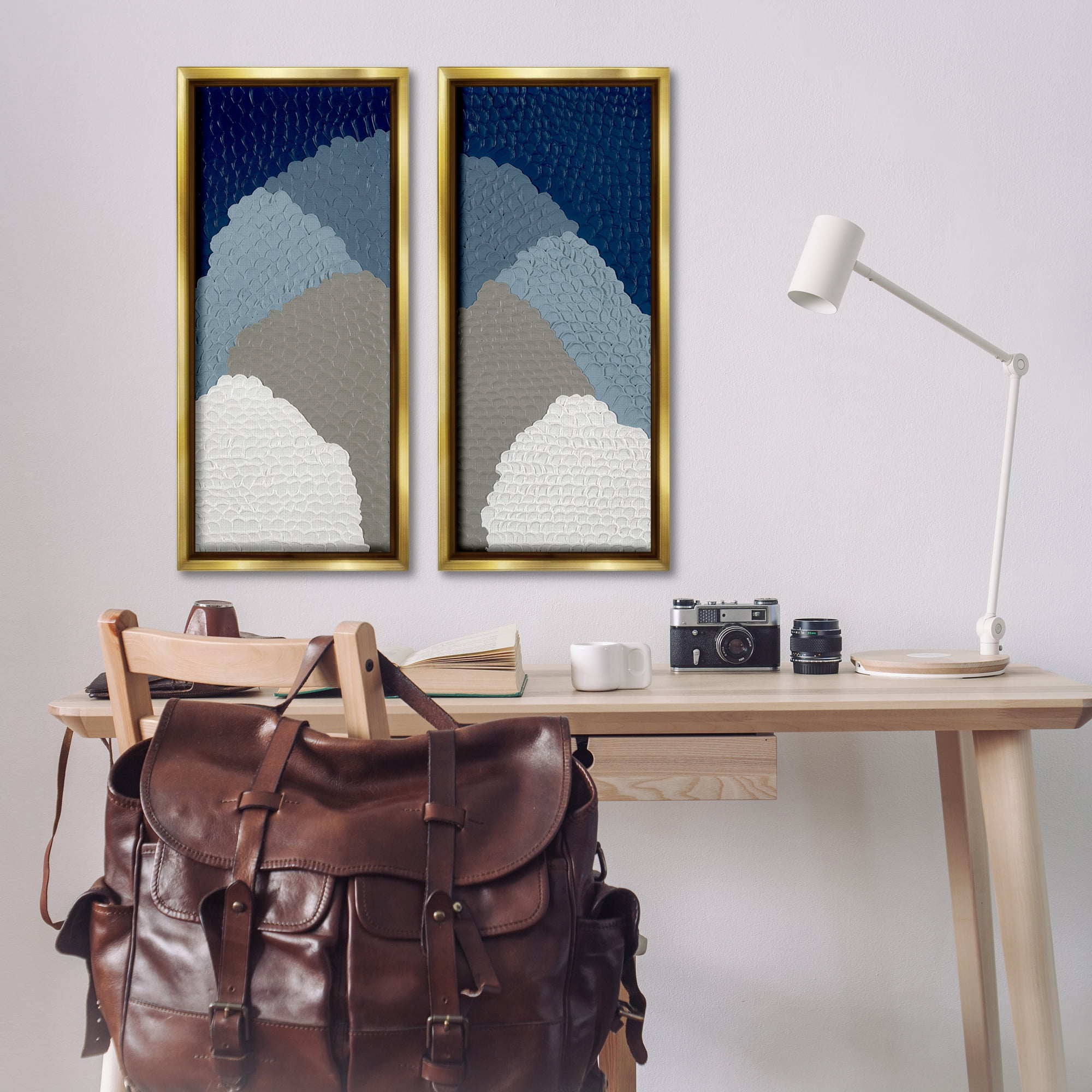 Stupell Industries Textured Blue Abstract Mountains Abstract Painting Gold Floater Framed Canvas Art Print Wall Art, 14 x 31, Set of 2