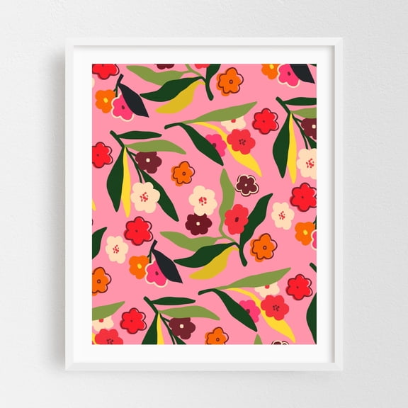 Retro Floral Fields - India Illustration Floral Flowers Pattern Botanical Modern Art Pop Art White Framed Wall Art Print 11 x 14 inches