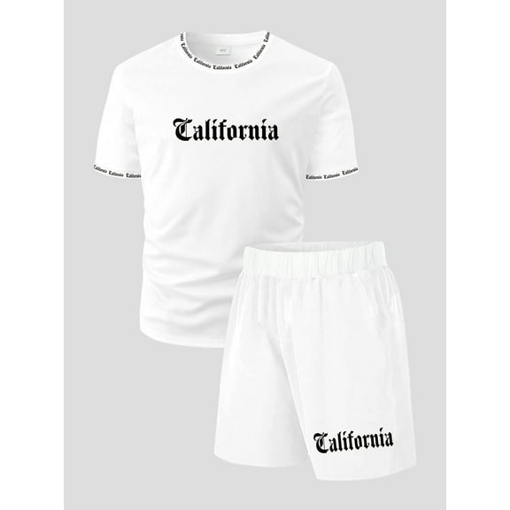 Teen Boys' Shorts Set Casual Gothic Letter Pattern Round Neck T-shirt with Collar Cuff Design Elastic Waist Pocket Shorts 2pcs Spring Summer Clothes