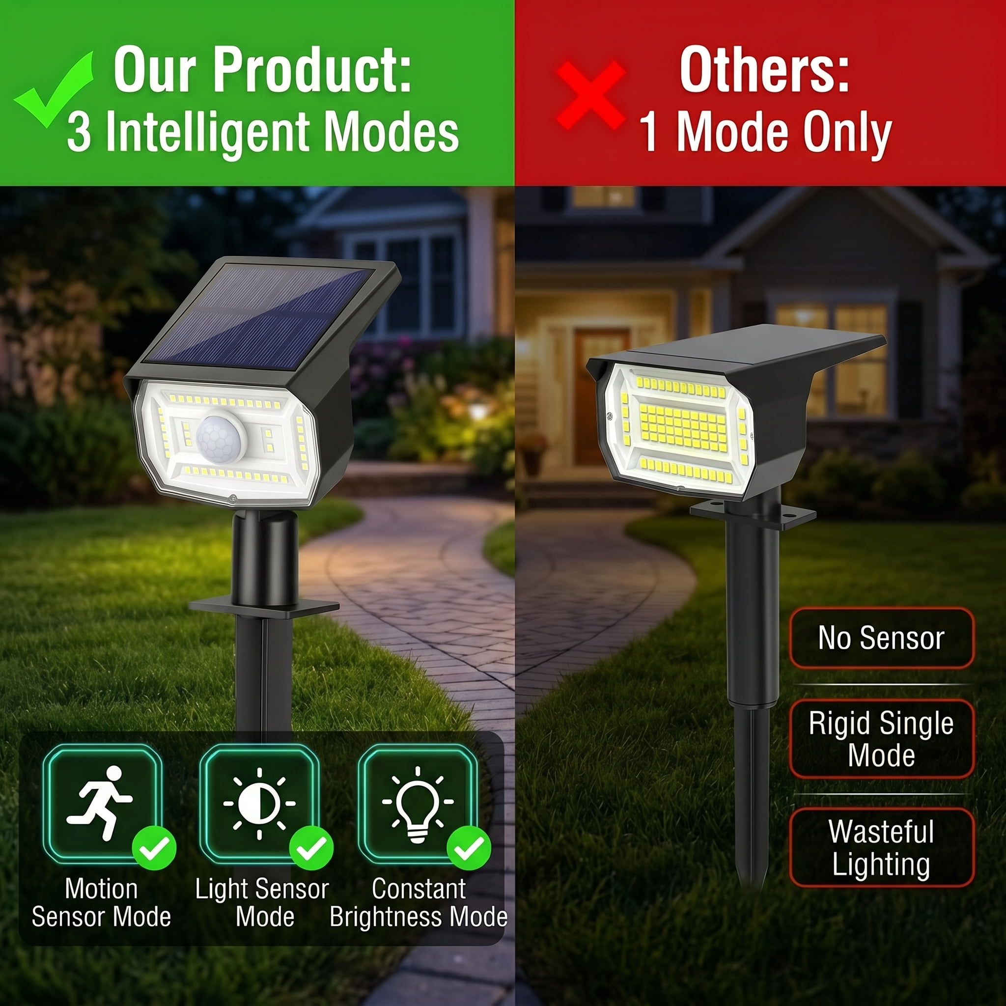 4 Pack Solar Lights Outdoor, IP65 Waterproof Motion Sensor 2-in-1 Solar Spot Lights with 3 Modes for Yard Garden Patio Driveway Walkway Wall